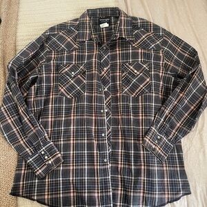 Vintage Wrangler pearl snap Men's Plaid Button-Down Shirt navy orange